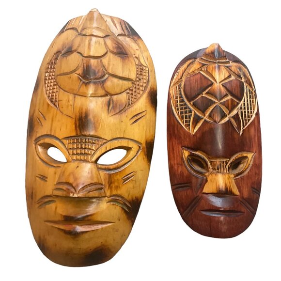 Fijian Tiki Vtg Wooden Tribal Mask Lot of 2 Hand Carved Wall Art - Picture 1 of 12